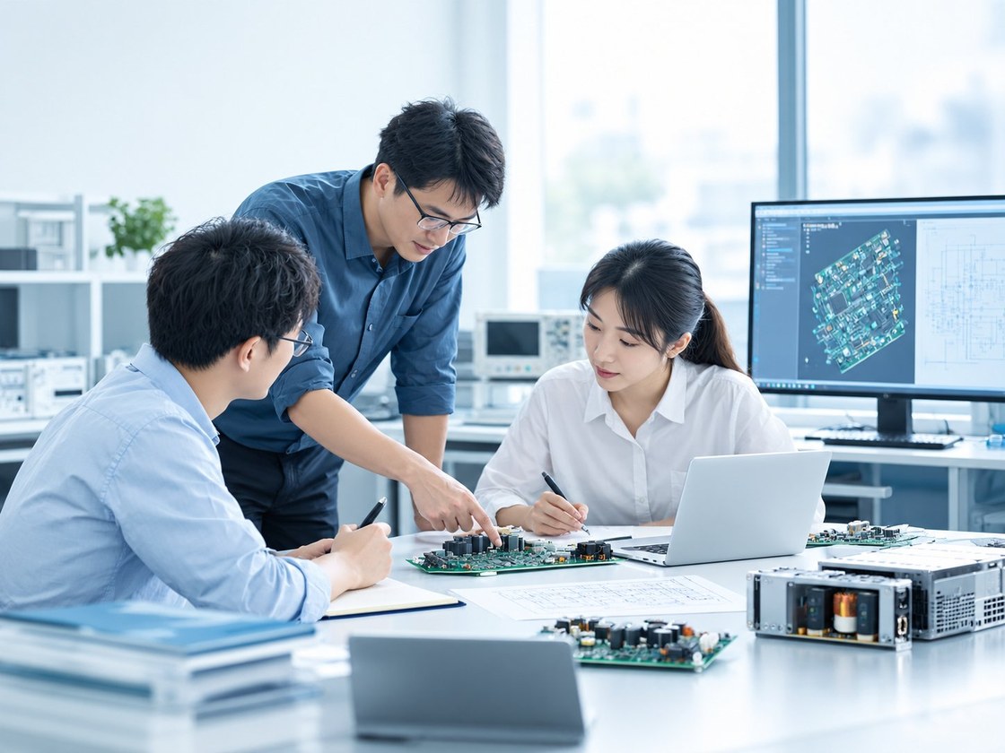 英腾电子研发团队与客户讨论电路板方案 Intentronics engineering team discussing a board design with a client